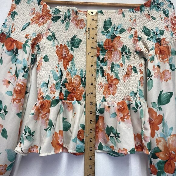 Mimi Chica Floral Off Shoulder Bell Long Sleeve Smocked Top Women Medium Cream - Picture 6 of 12